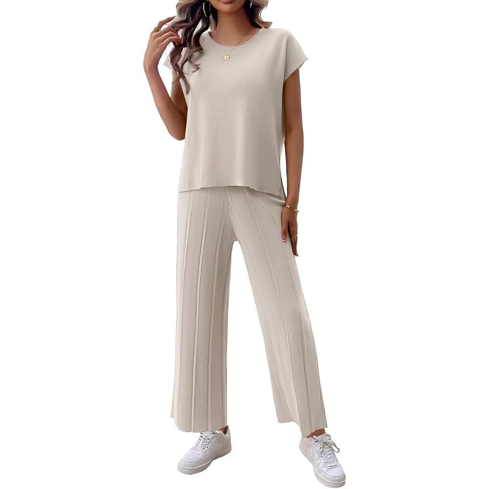Womens Knit Lounge Set Small Casual Cap Sleeve Top Wide Leg Pants
